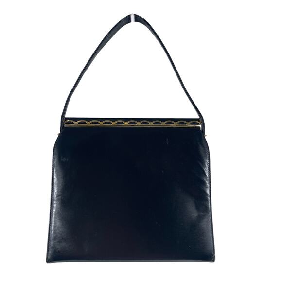 VTG Saks Fifth Avenue Black Leather Hard Rectangle Handbag Gold Trim Canada